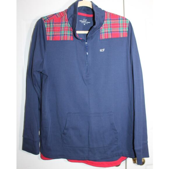 Vineyard Vines Navy w/ Red Tartan Plaid Trim Quarter Zip T-Shirt sz XL - Picture 1 of 4